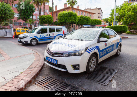 ANTALYA / TURKEY - SEPTEMBER 30, 2018: Subaru Police car from the turkish police Trafik Polisi stands on a street near a control point Stock Photo