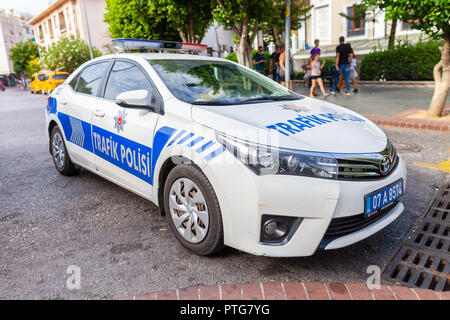 ANTALYA / TURKEY - SEPTEMBER 30, 2018: Subaru Police car from the turkish police Trafik Polisi stands on a street near a control point Stock Photo