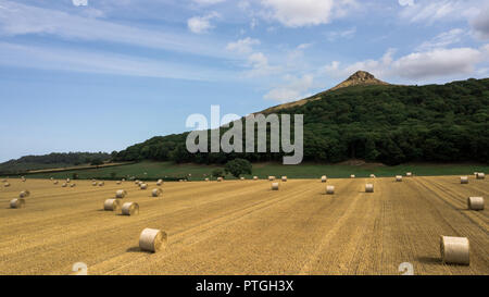 Roseberry Topping in the background with a foreground of freshly made bales and a beautiful yellow harvested field. Stock Photo