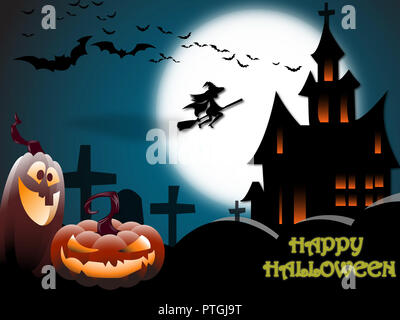 Halloween Concept - Scary Halloween landscape with a haunted house, a graveyard, a witch and flying bats in full moon Stock Photo