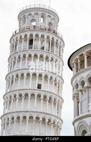 Leaning Tower of Pisa (Torre pendente di Pisa), the campanile or bell tower of the cathedral of Pisa again a white cloud background. Tuscany, Italy Stock Photo