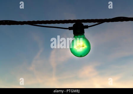 Single green party light bulb in front of blue sky in sunset. Stock Photo