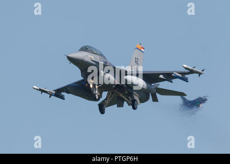 Leeuwarden, Netherlands April 18, 2018: A RNLAF F-16 with markings of Tucson Air Force Base during the Frisian Flag exercise Stock Photo