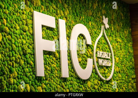 BOLOGNA, ITALY - OCTOBER 2, 2018: lights are enlightening logo of FICO EATALY WORLD, the largest agri-food park in the world Stock Photo