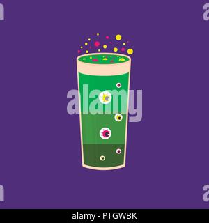 Set of Halloween cocktail icons, spooky drinks with eyeballs, spider, worms, bubbles and other creepy symbols. Elements, objects for holiday card, hol Stock Vector