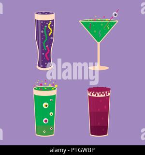 Set of Halloween cocktail icons, spooky drinks with eyeballs, spider, worms, bubbles and other creepy symbols. Elements, objects for holiday card, hol Stock Vector