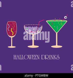 Set of Halloween cocktail icons, spooky drinks with eyeballs, spider, worms, bubbles and other creepy symbols. Elements, objects for holiday card, hol Stock Vector