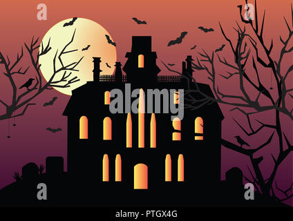 Scary house on hill with bats around, yellow moon against on pink sky background. Concept of halloween party and autumn holidays. Night before Halloween. Stock Photo