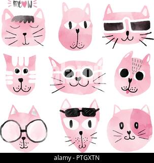 pink watercolour funny cat faces set Stock Vector