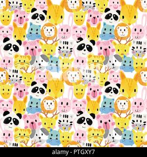watercolour cute animal faces pattern seamless Stock Vector
