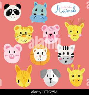 watercolour cute animal faces, lion, tiger, bear, deer, horse, fox Stock Vector