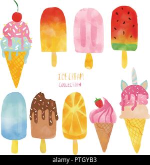 watercolour ice cream summer set Stock Vector