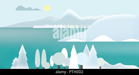Flat design illustration of winter mountain landscape with lake, snow on top of mountains and snowy trees, under gray sky with clouds and sun - vector Stock Vector