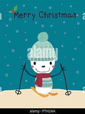 snow man playing ski merry Christmas card Stock Vector