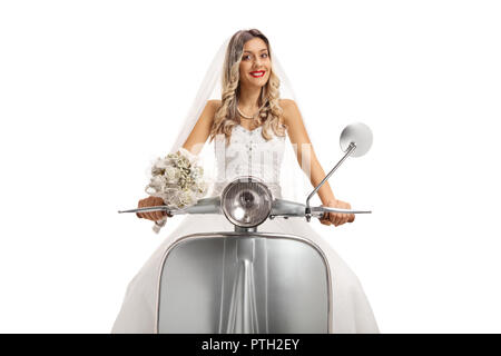 Bride riding a scooter isolated on white background Stock Photo