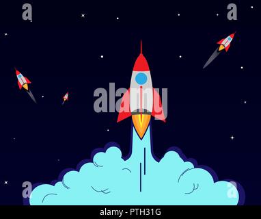 Start the rocket against the black star sky. Conceptual banner start a startup, project or business Stock Vector