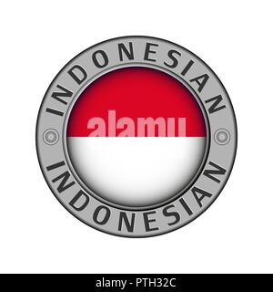 Round metal medallion with the name of the country of Indonesia and a round flag in the center Stock Vector