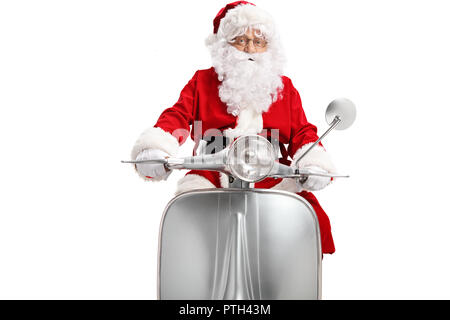 Santa Claus riding a vintage scooter isolated on white background Stock Photo