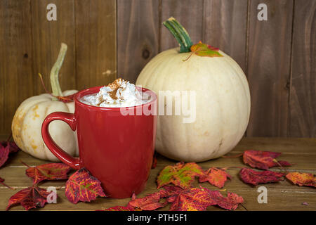 hot chocolate drink with whipped cream topping in red mug with fall leaves and white pumpkins on rustic wood Stock Photo