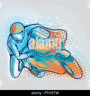 Extreme motorcycle racer on graphics background, vector image Stock Vector