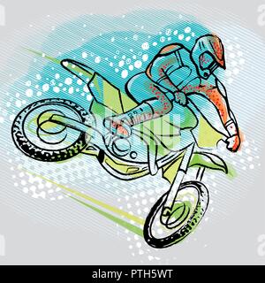 Motorcyclist ride motocross on graphics background, vector image Stock Vector