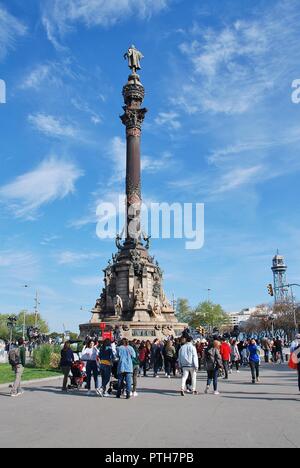 The Christopher Columbus monument at the end of La Rambla in Barcelona, Catalonia on April 15, 2018. It was completed in 1888 for the World Exposition Stock Photo