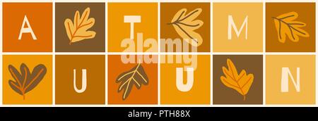 Autumn Design With Colorful Squares Letters Fruits And Leaves In