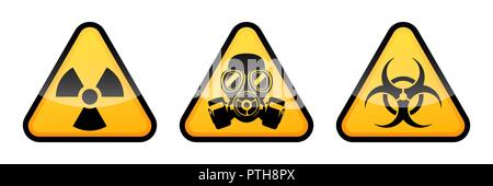 Three warning vector signs. Radiation warning sign, biohazard warning sign, gas mask warning sign Stock Vector