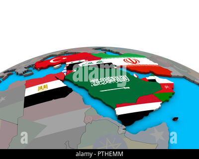 Middle East with embedded national flags on political 3D globe. 3D illustration. Stock Photo