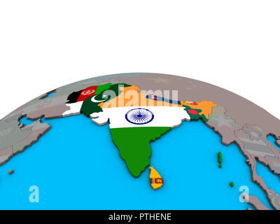 SAARC memeber states with embedded national flags on political 3D globe. 3D illustration. Stock Photo