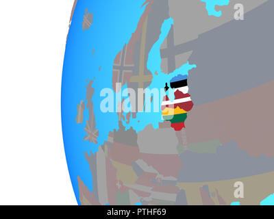 Baltic States with embedded national flags on blue political globe. 3D illustration. Stock Photo