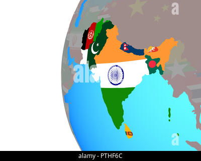 SAARC memeber states with embedded national flags on blue political globe. 3D illustration. Stock Photo