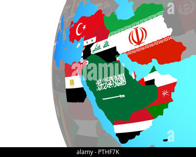 Middle East with embedded national flags on blue political globe. 3D illustration. Stock Photo