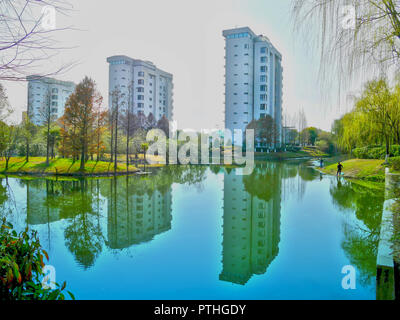 Apartments beside lake, Anting New Town Stock Photo
