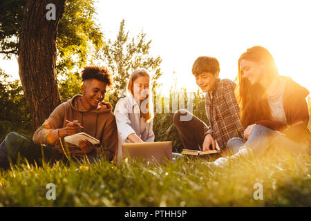 Group of positive multhiethnic students doing homework together at the park, using laptop computer Stock Photo