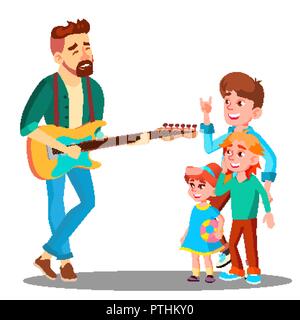 Father Plays The Guitar For Children Vector. Isolated Illustration Stock Vector