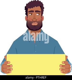 African man holding blank card. Afro american man with board. Vector illustration Stock Vector