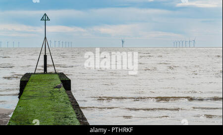 Gunfleet Sands off shore Wind Turbins, from Clacton on Sea beach Essex UK. September 2018 Stock Photo