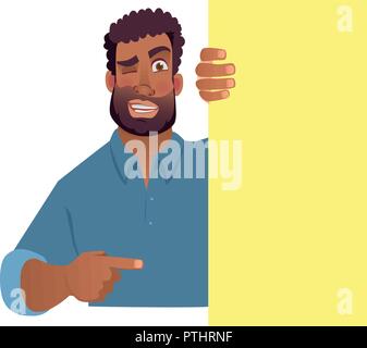 African man holding blank banner. African american man with board. Finger pointing vector illustration Stock Vector