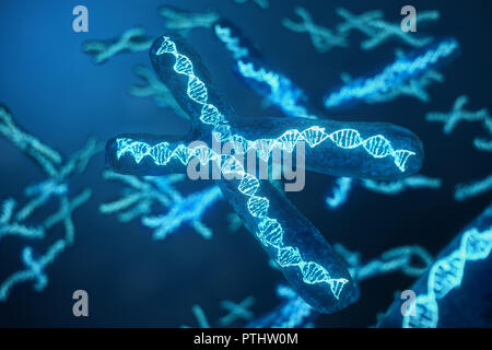 3D illustration X-Chromosomes with DNA carrying the genetic code. Genetics concept, medicine concept. Future, genetic mutations. Changing the genetic code at the biological level. Stock Photo