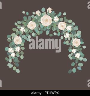 White Rose flowers and silver dollar Eucalyptus garland, round wreath. Greeting, wedding invite template. Round frame border with Save the date text.  Stock Vector