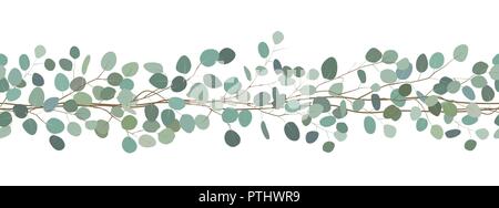 Elegant seamless border of a eucalyptus branches. Floral frame. Vector hand drawn illustration. White background. Stock Vector