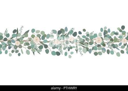 Elegant seamless border from roses and eucalyptus branches. Floral garland. Vector hand drawn illustration. White background. Stock Vector