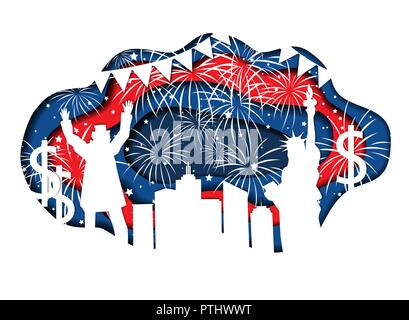 Stylish paper cut banner for Independence Day July 4 USA with Statue of Liberty, Uncle Sam, lights, stars, and city silhouette. Vector illustration. N Stock Vector