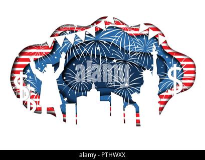 Stylish paper cut banner for Independence Day July 4 USA with Statue of Liberty, Uncle Sam, lights, stars, and city silhouette. Vector illustration. N Stock Vector