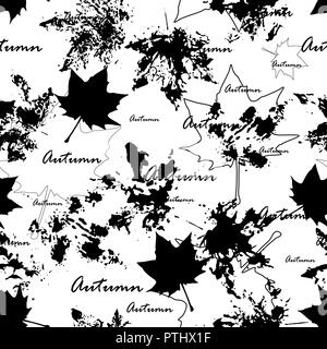 Light seamless pattern with realistic maple leaves imprints. Black and white. Vector illustration Stock Vector