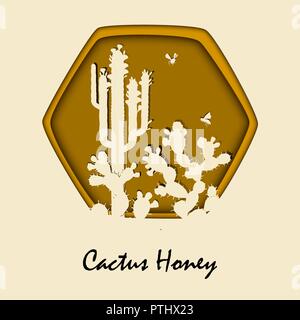 Honey Bee Flying Near Prickly Pear Cactus Silhouette. Stylish paper cut frame with bees and doodle cacti. Floral vector illustration. Stock Vector