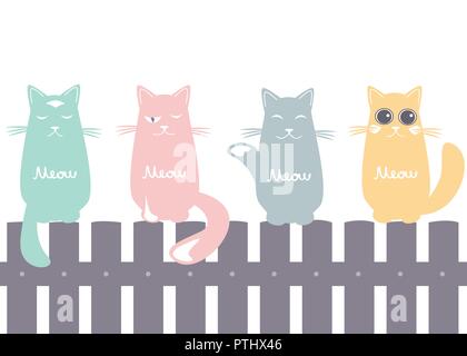 Cute seamless pattern background with cats seating on the fence. Pastel palette silhouettes. Vector illustration Stock Vector