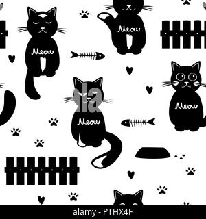 Cute cats seamless pattern. Black and white. Cats, fence, feed, and hearts Vector illustration Stock Vector