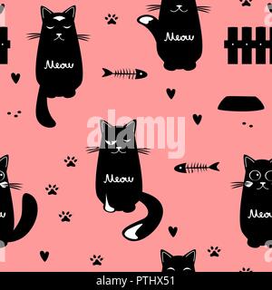 Cute cats seamless pattern. Black and white. Cats, fence, feed, and hearts on the pink background. Vector illustration Stock Vector